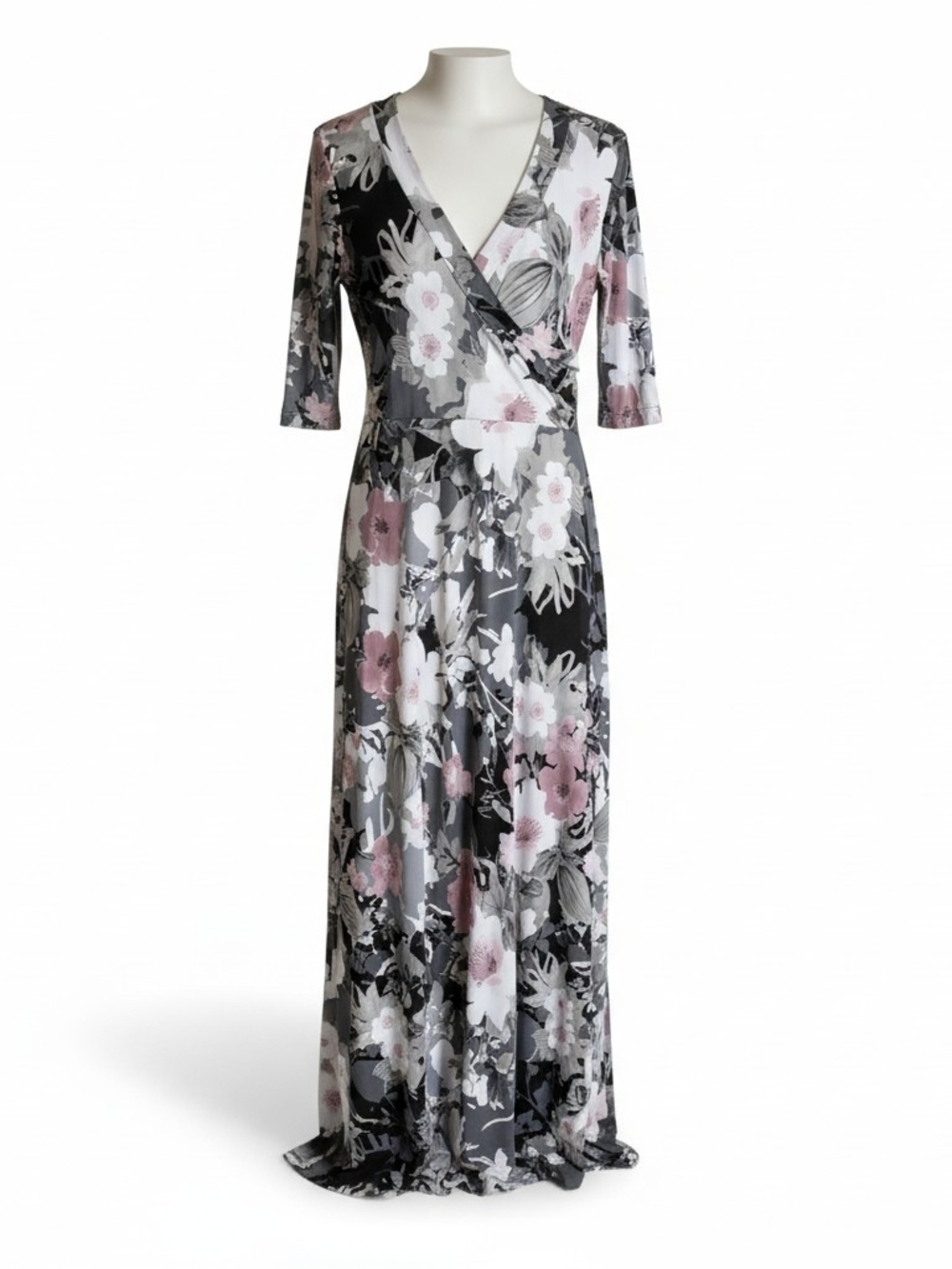 Olivia Matthews Gray and Mauve Floral Maxi Wrap Dress